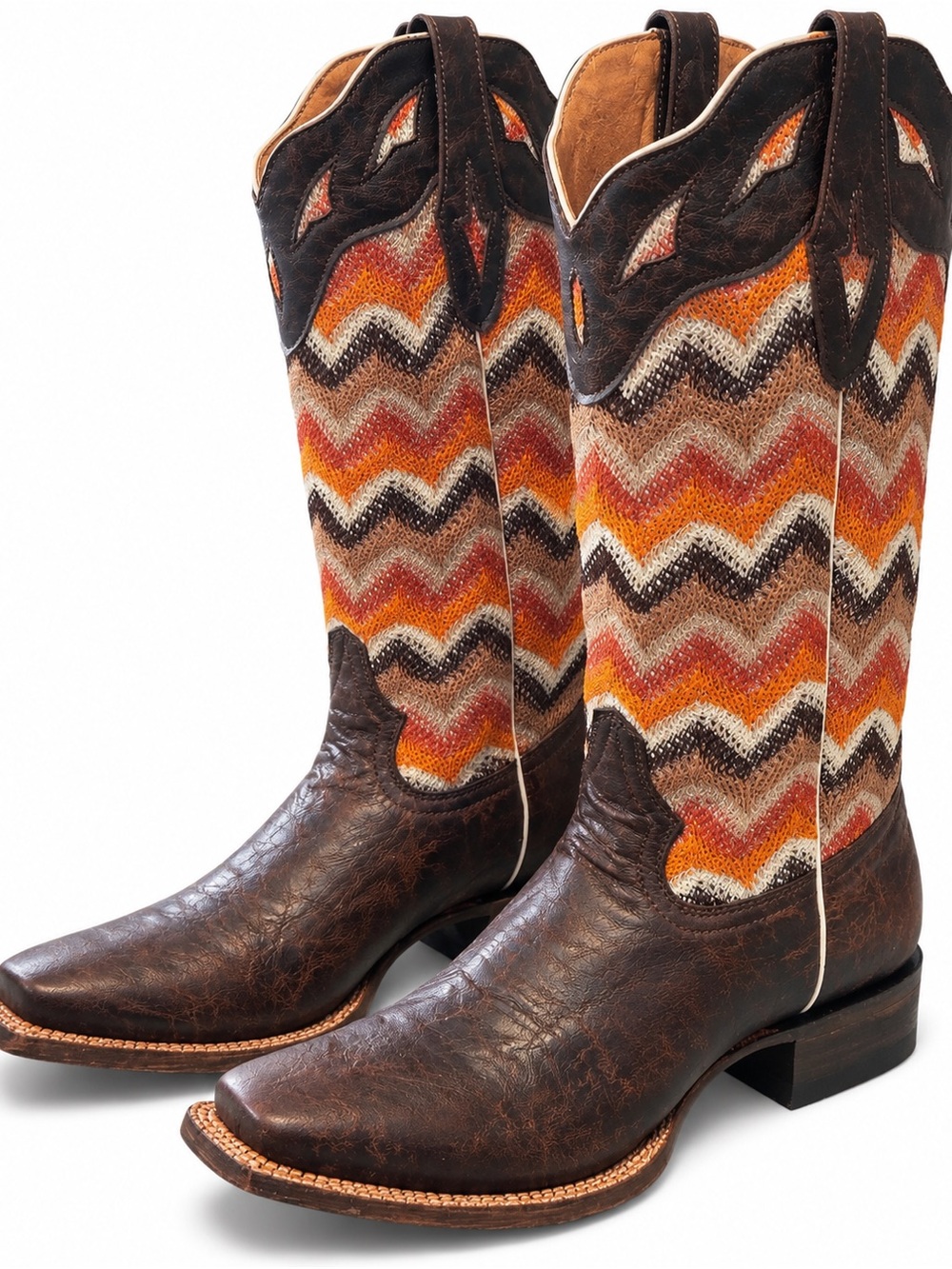 Tanner Mark Leather Glitter Inlay Aztec Orange, Cream & Brown Cowgirl Boots